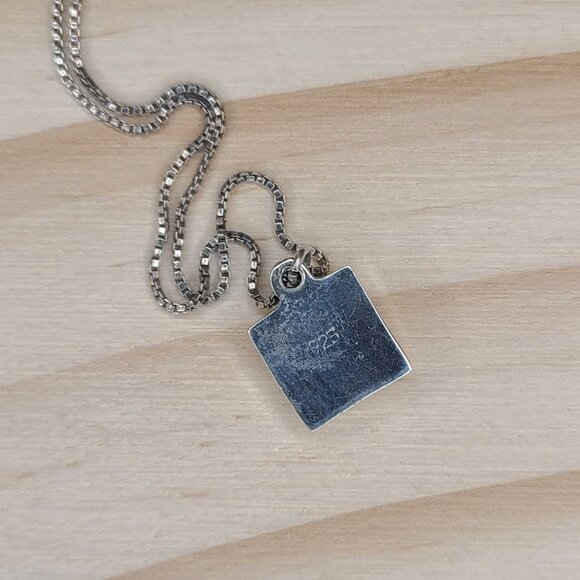 Vintage Sterling Silver Square Turquoise Pendant Necklace Minimalist 19" - Picture 4 of 8